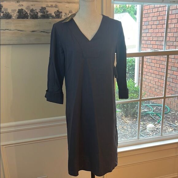 NWT For Cynthia Navy Linen V-Neck Dress - Picture 1 of 10